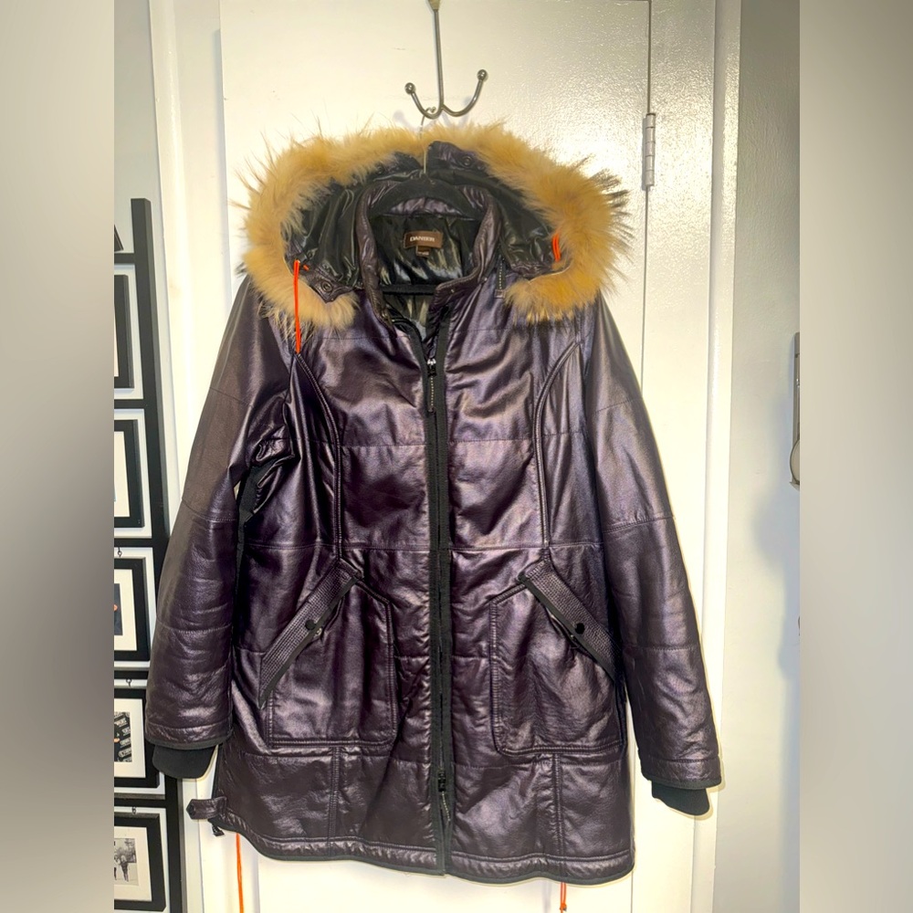 Danier Chloe Leather Fur Collar Purple Lined Jacket Coat Mid Length $875